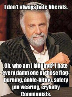 liberal memes - I don't always hate liberals. Oh, who am I kidding?I hate every damn one of those flag burning, anklebiting, safety pin wearing, crybaby Communists.