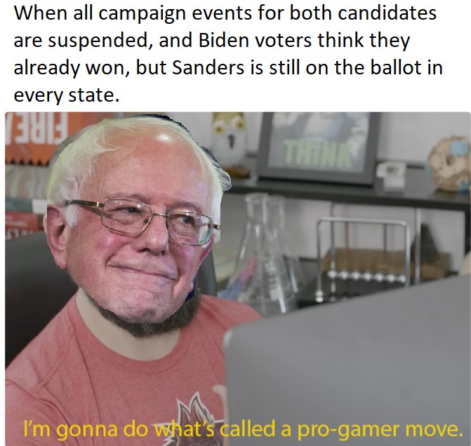 im about to do whats called a pro gamer move - When all campaign events for both candidates are suspended, and Biden voters think they already won, but Sanders is still on the ballot in every state. I'm gonna do what's called a progamer move.