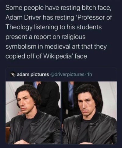 adam driver meme - Some people have resting bitch face, Adam Driver has resting 'Professor of Theology listening to his students present a report on religious symbolism in medieval art that they copied off of Wikipedia' face he adam pictures . 1h
