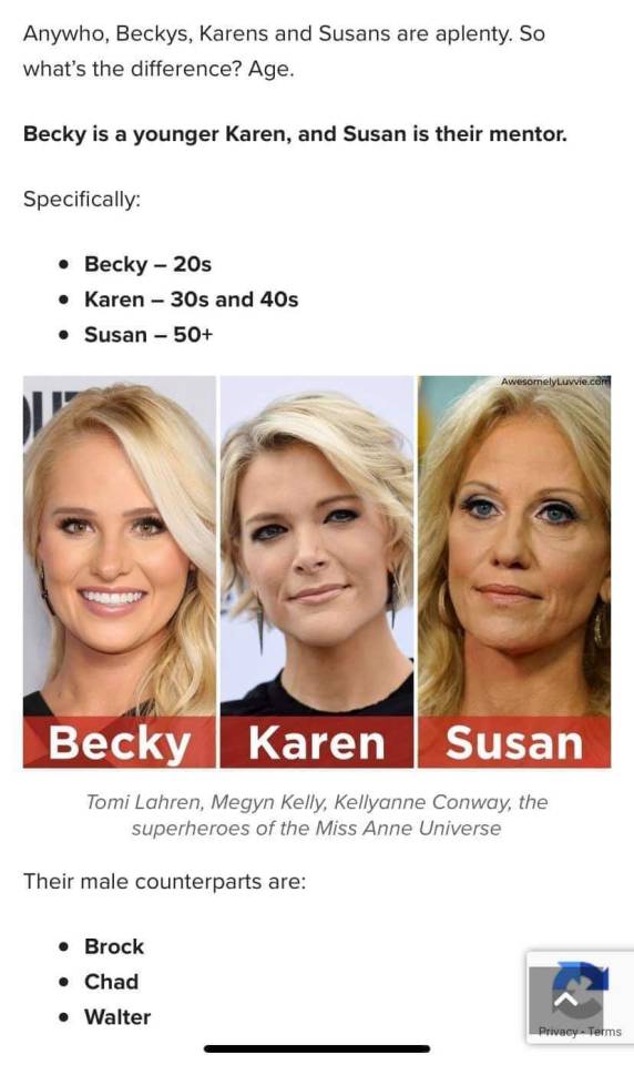 stages of karen - Anywho, Beckys, Karens and Susans are aplenty. So what's the difference? Age. Becky is a younger Karen, and Susan is their mentor. Specifically Becky 20s Karen 30s and 40s Susan 50 Awesomely Luvvie.com Becky Karen Susan Tomi Lahren, Megy