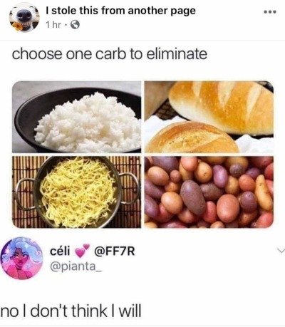 eliminate one meme - I stole this from another page 1 hr. choose one carb to eliminate cli no I don't think I will