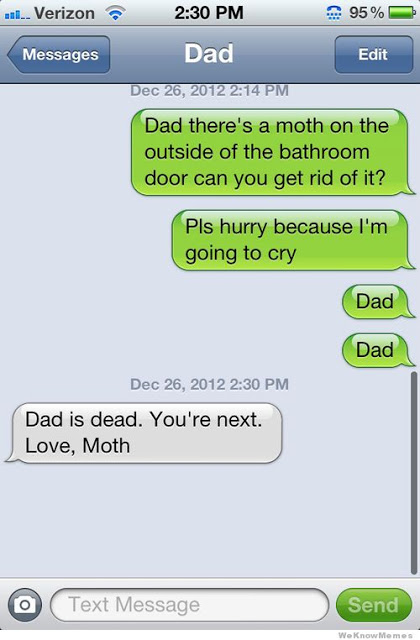 funny dad texting - .... Verizon 95% Messages Dad Edit Dad there's a moth on the outside of the bathroom door can you get rid of it? Pls hurry because I'm going to cry Dad Dad Dad is dead. You're next. Love, Moth O Text Message Send We Know Memes