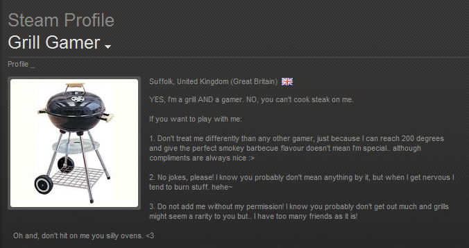 website - Steam Profile Grill Gamer, Profile Suffolk, United Kingdom Great Britain Yes, I'm a grill And a gamer. No, you can't cook steak on me. If you want to play with me 1. Don't treat me differently than any other gamer, just because I can reach 200 d