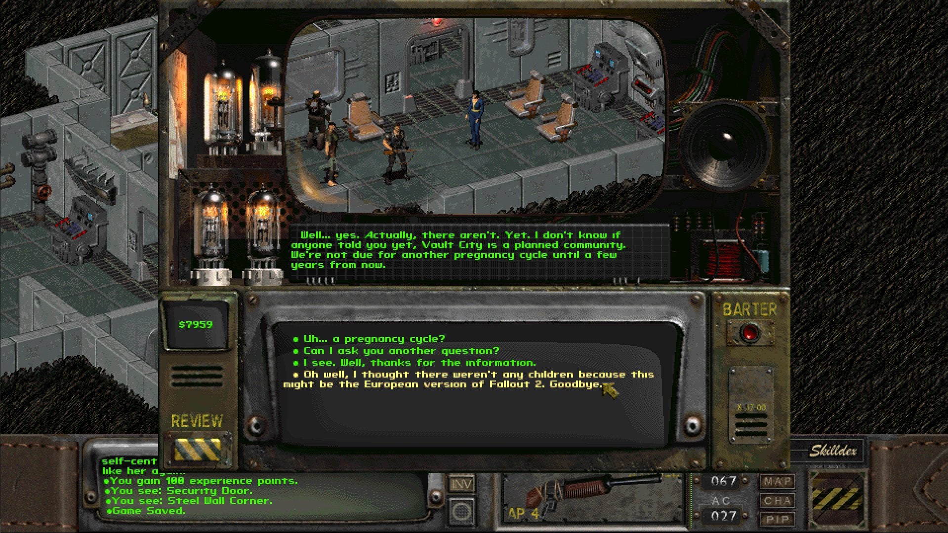 iconic video game dialogues  - Fallout 2: “Oh, well. I thought there weren’t any children because this might be the European version of Fallout 2.”