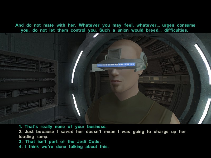 iconic video game dialogues  - KOTOR 2: “Just because I saved her doesn’t mean I was going to charge up her loading ramp.”