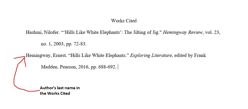 mla citation - Works Cited Hashmi, Nilofer. "Hills White Elephants The Jilting of Jig." Hemingway Review, vol. 23, no. 1, 2003, pp. 7283. Hemingway, Ernest. "Hills White Elephants." Exploring Literature, edited by Frank " Madden. Pearson, 2016, pp. 688692