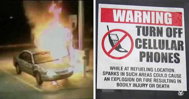 labels and warnings people ignore - cell phones at gas stations - Warning Turn Off Cellular Phones While At Refueling Location. Sparks In Such Areas Could Cause An Explosion Or Fire Resulting In Bodily Injury Or Death