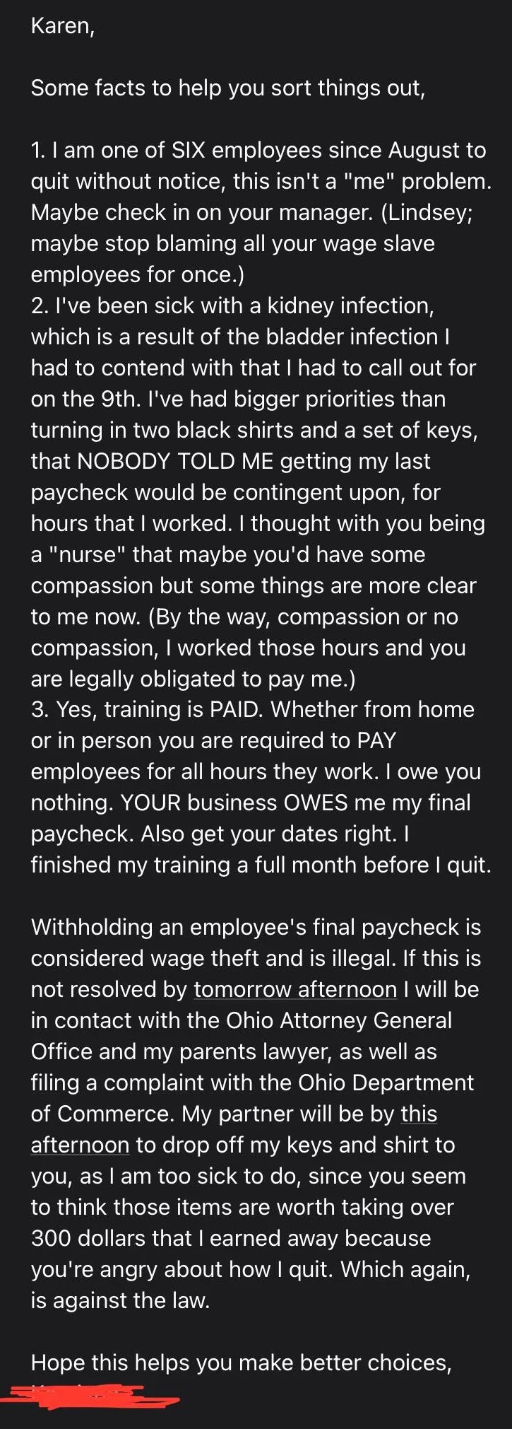 Bosses Owned by Employees  --  Karen Some facts to help you sort things out 1. I am one of Six employees since August to quit without notice this isn't a 'me problem Maybe check in on your manager. Lindsey maybe stop blaming all your wage slave employees 