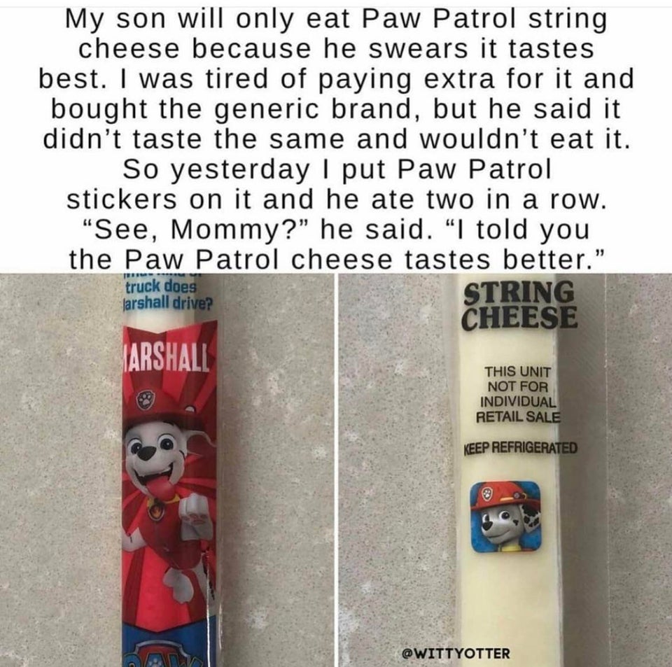 dumb children - paw patrol string cheese meme - My son will only eat Paw Patrol string cheese because he swears it tastes best. I was tired of paying extra for it and bought the generic brand, but he said it didn't taste the same and wouldn't eat it. So y