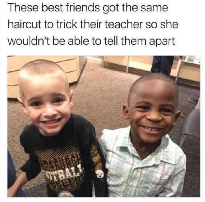 dumb children - kids get the same haircut - These best friends got the same haircut to trick their teacher so she wouldn't be able to tell them apart Otball