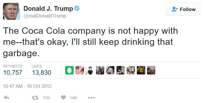 trump tweets - kanye tweet jay z - Donald J. Trump Trump The Coca Cola company is not happy with methat's okay, I'll still keep drinking that garbage. 0 10,757 13,830 14K