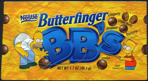 Things that disappeared without a trace - butterfinger bbs 90s - Nestle Butterfinger Net Wt 1.7 0Z 48.1 g crispety crunchety peanut candies Mait Groening buttery