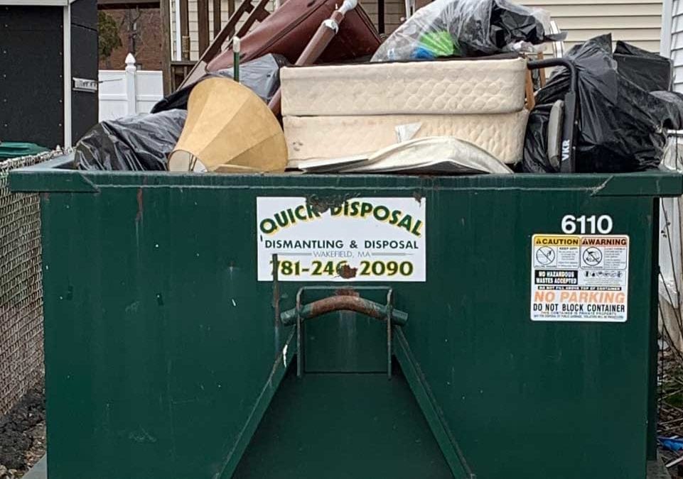 Trashy Wedding Stories - dumpster - QUICh Wisposal 6110 Acaution Awarning Dismantling & Disposal Wakefeld, Ma 181246.2090 O Diadors Bastes Accuatui No Parking Do Not Block Container