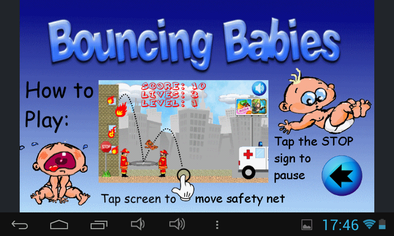 Dark Facts - Bouncing Babies How to Play Score 30 Lives 2 Level 3 Ca Tap the Stop Stop sign to pause move safety net Tap screen to D .