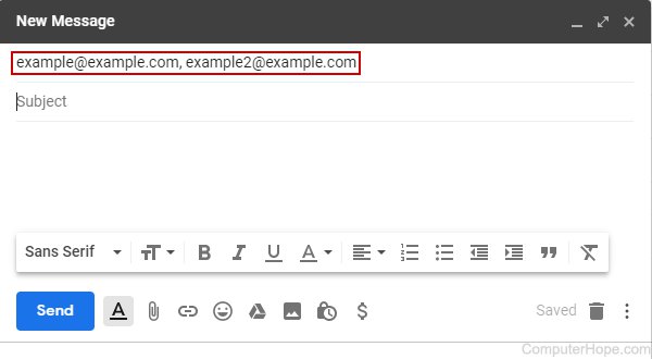 Crazy but Good advice - recipient email meaning - New Message example.com, example2.com Subject Sans Serif Tt Biva E E Send A 0 C $ Saved ComputerHope.com