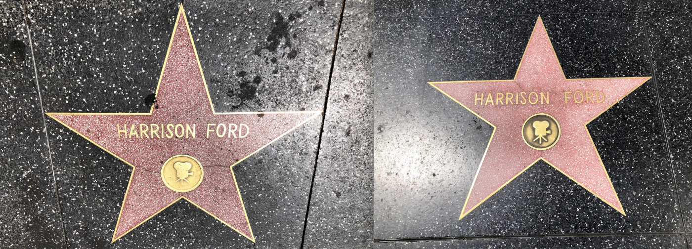 Harrison Ford Facts  - There are 2 stars dedicated to Harrison Ford on the Hollywood walk of fame. Harrison Ford the star of Indiana Jones / Star Wars, and Harrison Ford the star of the silent movie era 1915-1932.-deleted user