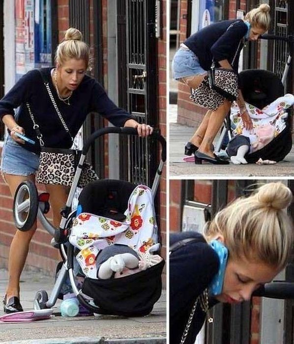 BLONDE - MOTHER OF THE YEAR NOMINEE - REFUSES TO PUT THE CELLPHONE DOWN WHILE BABY PRAM COLLAPSES AND EVERYTHING FALLS!