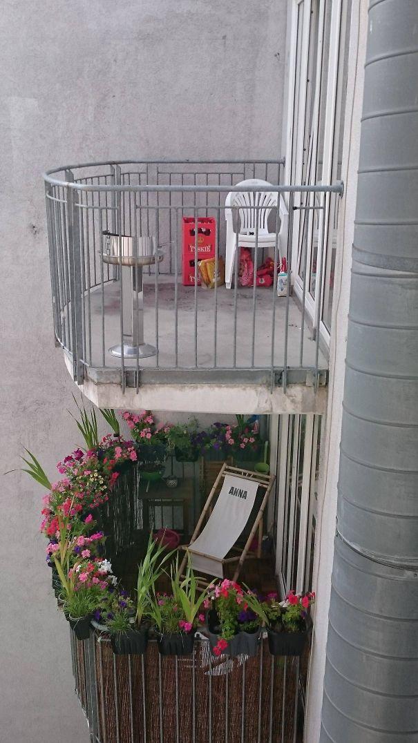 op: My Apartment's Balcony (2 Guys). Bottom: Our Neighbor's Balcony (2 Girls)