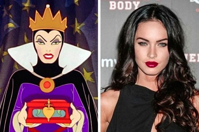 The resemblance here between the Queen and Megan Fox is pretty uncanny from the sharp eyebrows, purple eye shadow, and red lipstick.