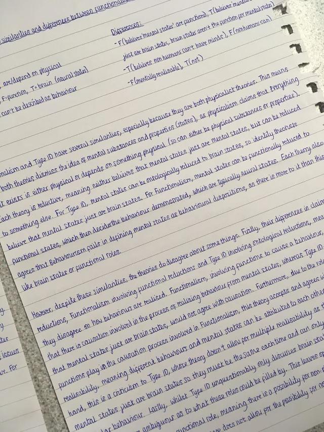 handwriting samples - similarties and diferences between function Diccerences Fbelinen mental states' are punctione, beluves men just ale brain states, brain states aren't the function for mental state Thelives non humans can't have minds, Fnenhumans can 