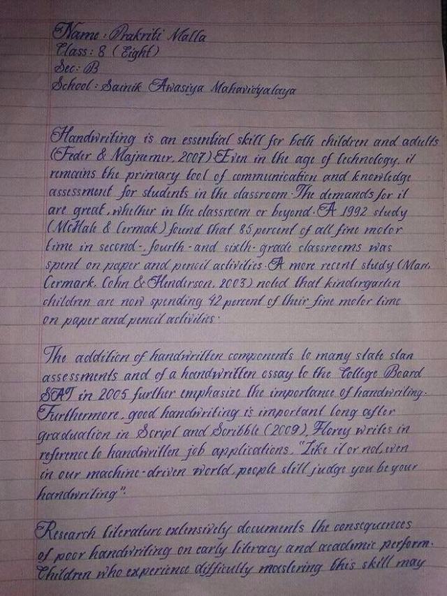 best handwriting in the world - Name Drakriti Malla Class 8 Eight Sec B School Datuk Awasiya Mahavidyalaya Handwriting is an essential skill for both children and adults Feder & Majne mer. 2007 Ein in the age of technology, il remains the primary lool of 