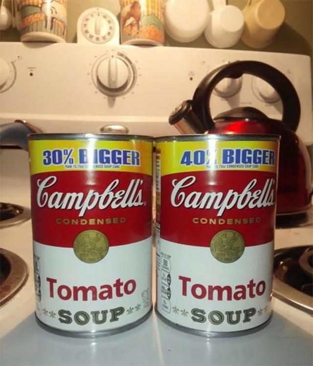 misleading packaging - 30% E Igger 40 Bigger Campbell Campbell Condensed Condensed Ures Tomato Soup Tomato Soup