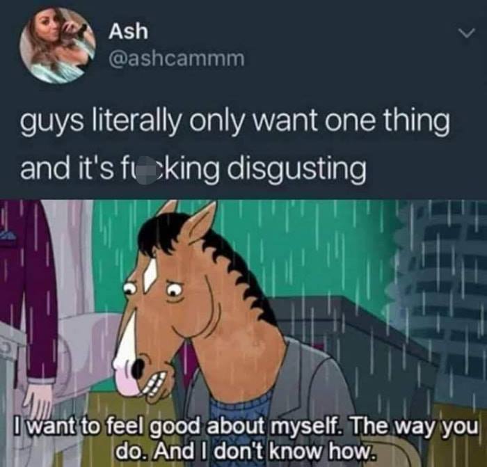 hits too close to home meme - Ash guys literally only want one thing and it's fucking disgusting I want to feel good about myself. The way you do. And I don't know how.