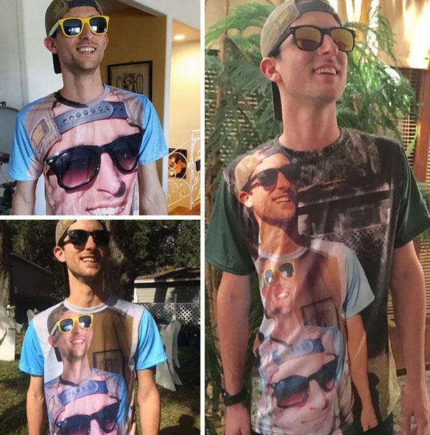 funny christmas presents - guys wearing t-shirts with pictures of each others' faces on them