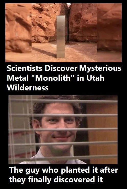 photo caption - Scientists Discover Mysterious Metal "Monolith" in Utah Wilderness The guy who planted it after they finally discovered it