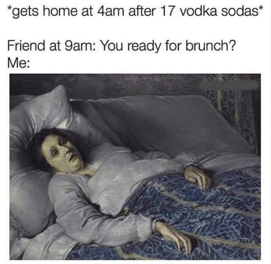 getting drunk memes - gets home at 4am after 17 vodka sodas Friend at 9am You ready for brunch? Me Guz