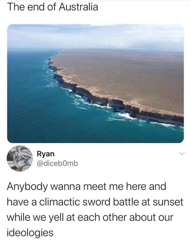 r oddlyspecific - The end of Australia Ryan Anybody wanna meet me here and have a climactic sword battle at sunset while we yell at each other about our ideologies