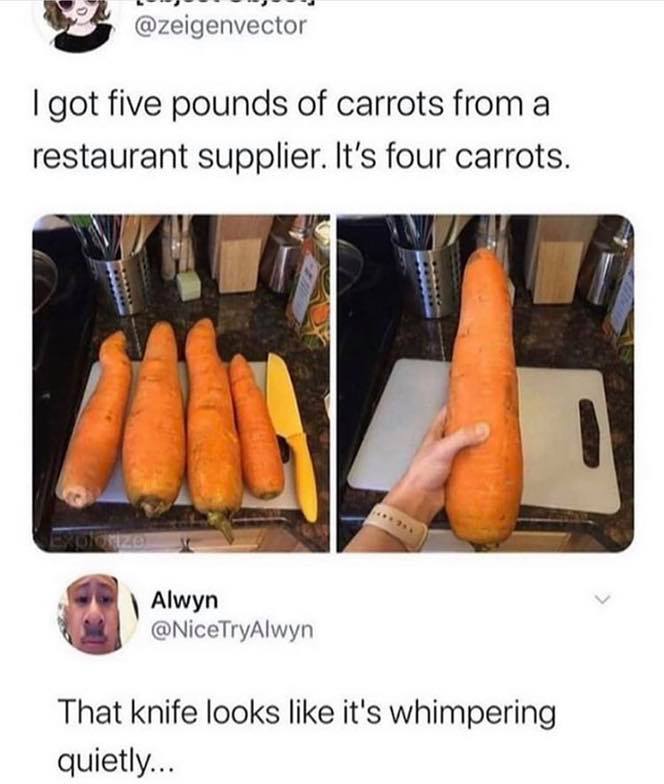 carrot as dildo meme - I got five pounds of carrots from a restaurant supplier. It's four carrots. Rulonzo Alwyn That knife looks it's whimpering quietly...