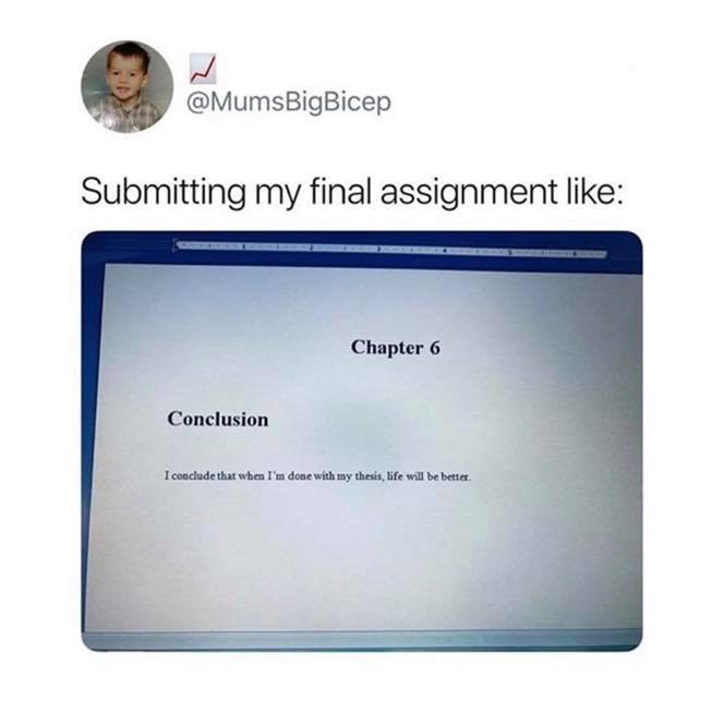 thesis life meme - Submitting my final assignment Chapter 6 Conclusion I conclude that when I'm done with my thesis, life will be better