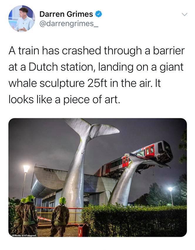 rotterdam train on statue - Darren Grimes A train has crashed through a barrier at a Dutch station, landing on a giant whale sculpture 25ft in the air. It looks a piece of art. Wer Jb Media 10 Fotograaf