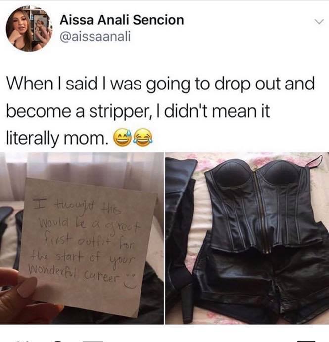 Stripper - Aissa Anali Sencion When I said I was going to drop out and become a stripper, I didn't mean it literally mom. I thought this would be a great first outfit for the start of your Wonderful career