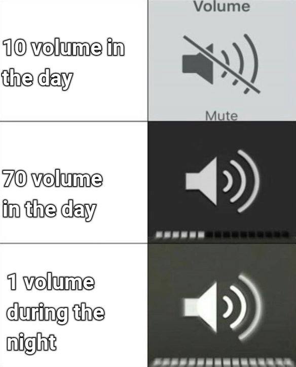 volume meme template - Volume 10 volume in the day D Mute 70 volume in the day 1 volume during the night