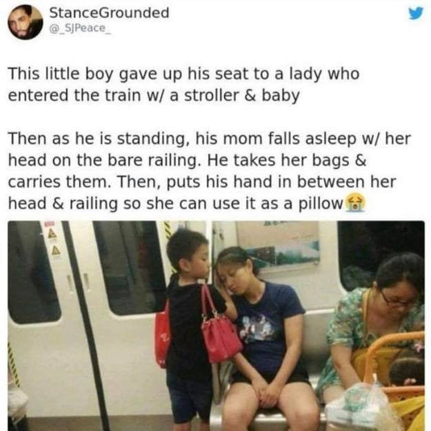 little boy gave up his seat with a stroller and baby then as he is standing his mom falls asleep - StanceGrounded This little boy gave up his seat to a lady who entered the train w a stroller & baby Then as he is standing, his mom falls asleep w her head 