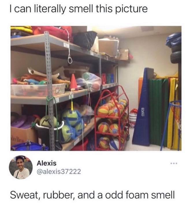 closet - I can literally smell this picture ano Alexis Sweat, rubber, and a odd foam smell