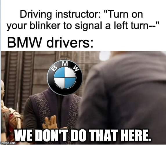 beastars memes - Driving instructor "Turn on your blinker to signal a left turn" Bmw drivers M W We Don'T Do That Here. imgflip.com
