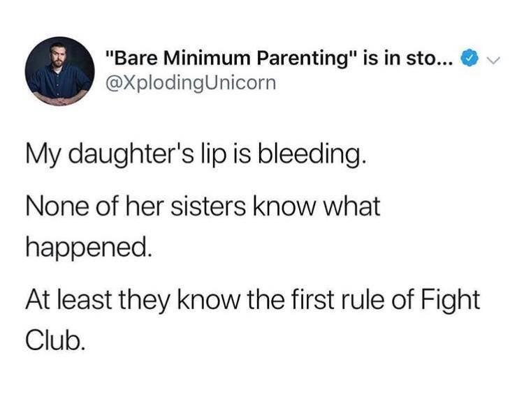 angle - "Bare Minimum Parenting" is in sto... My daughter's lip is bleeding. None of her sisters know what happened. At least they know the first rule of Fight Club.