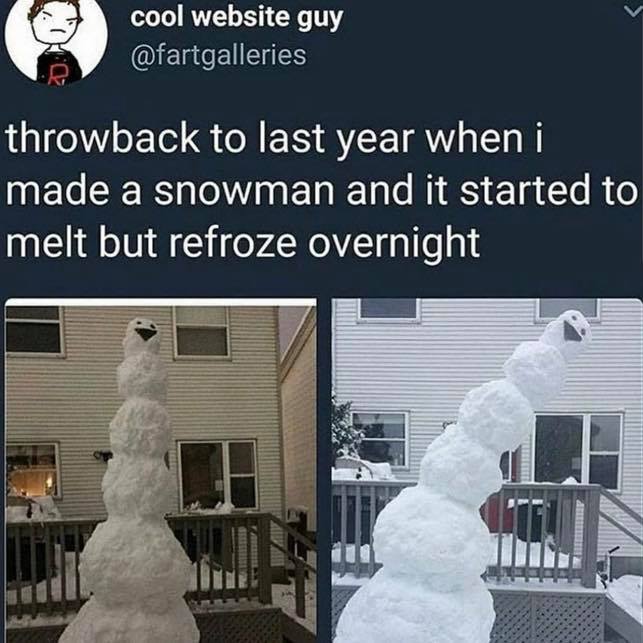 snow - cool website guy throwback to last year when i made a snowman and it started to melt but refroze overnight