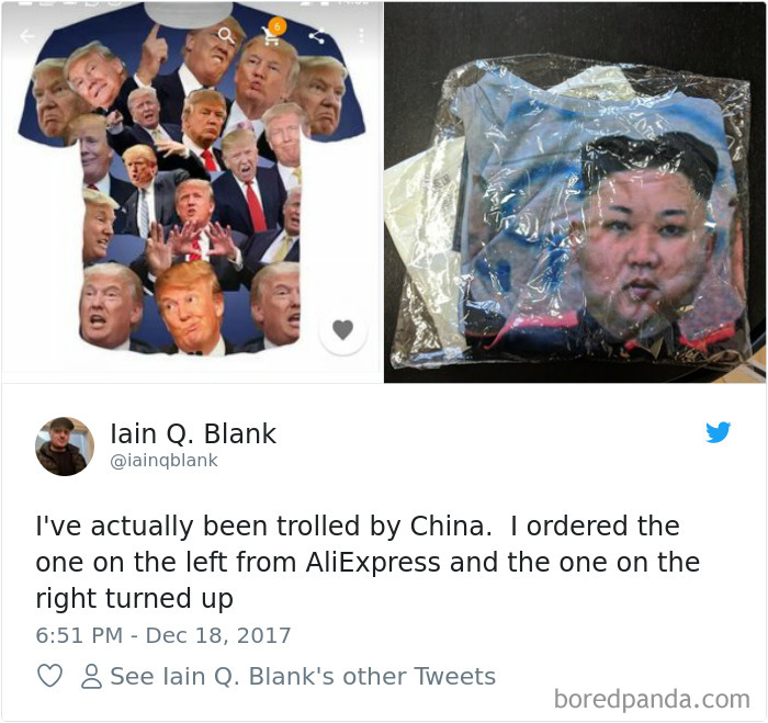 fail online shopping - lain Q. Blank I've actually been trolled by China. I ordered the one on the left from AliExpress and the one on the right turned up 8 See lain Q. Blank's other Tweets boredpanda.com