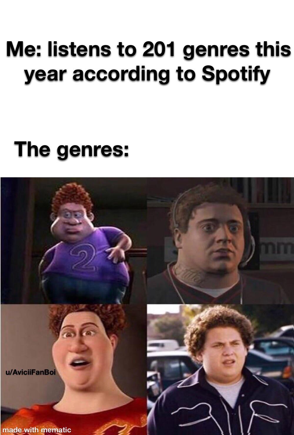 awful memes - Me listens to 201 genres this year according to Spotify The genres 2. uAviciiFanBoi made with mematic
