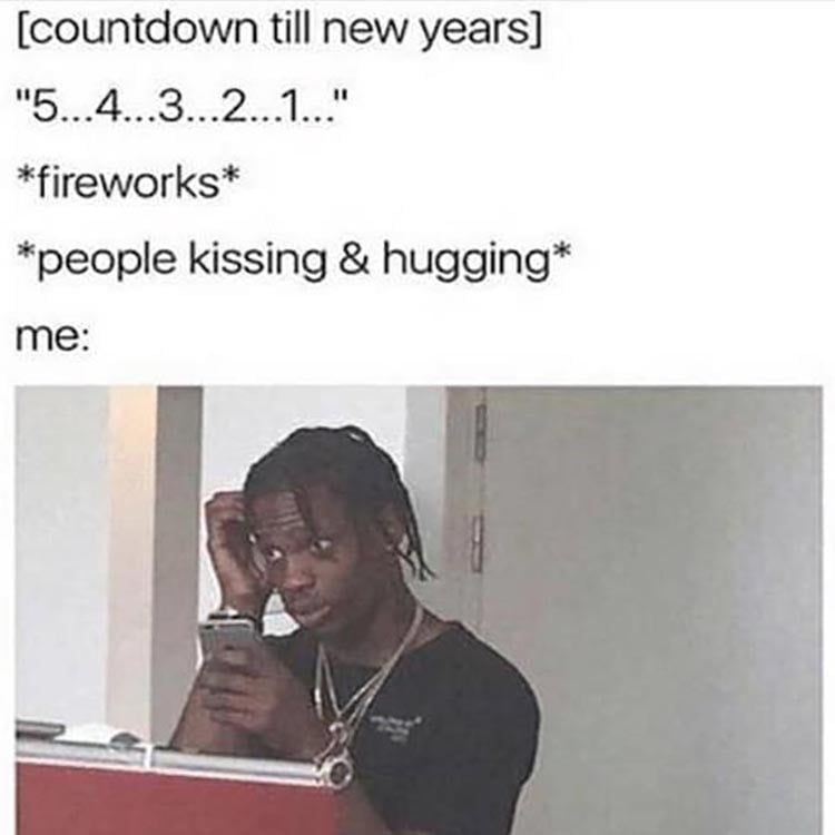 travis scott on his phone - countdown till new years "5...4...3...2...1..." fireworks people kissing & hugging me