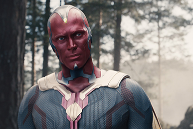 The other half of the title card is Vision. A humanoid created by Tony Stark, who's just trying to find his way in a world he is no longer a part of. Vision was maybe the most meme's character of the show, being budded DaVision, for wearing a black turtle neck, but it's his struggle to save innocents while remaining loyal to Wanda which moves his character through the series. 