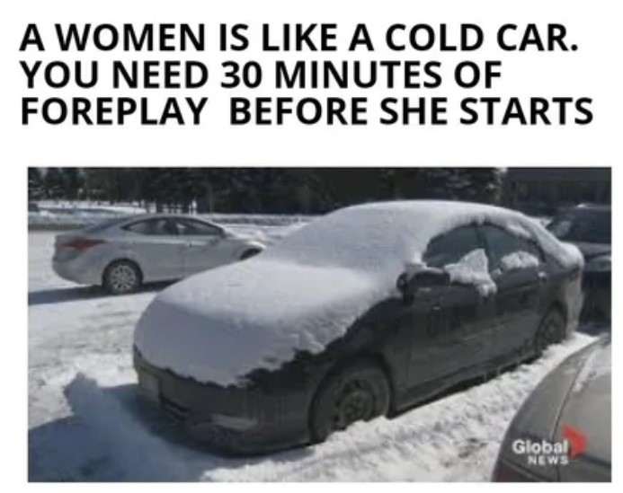 snow - A Women Is A Cold Car. You Need 30 Minutes Of Foreplay Before She Starts Global News