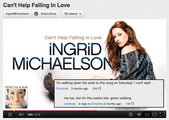 youtube comment ingrid michaelson be ok - Can't Help Falling In Love IngridMichaelson Subscribed 50 videos Can't Help Falling in Love Ingrid Michaelson From The Album I'm walking down the aisle to this song on Saturday! I can't wait! DirtyKristi 3 months 