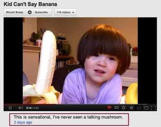 youtube comment funny comments - Kid Can't Say Banana Rhode Brady Subscribe 518 videos 119 0.45 This is sensational, Ive never seen a talking mushroom. 2 days ago