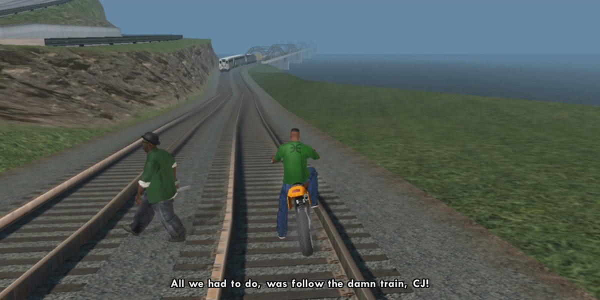 iconic video game quotes - Grand Theft Auto: San Andreas - All we had to do, was the damn train, Cj!