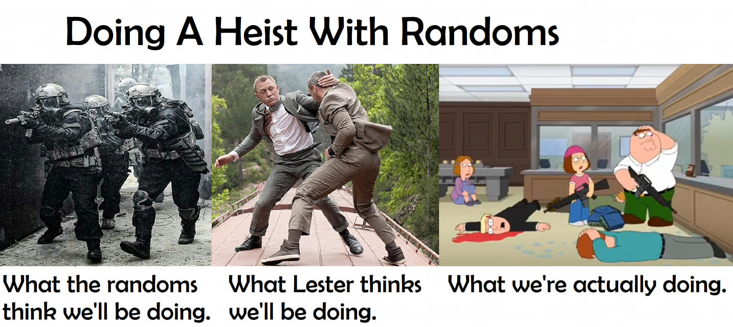Grand Theft Auto Memes  --  gta memes - Doing A Heist With Randoms What the randoms What Lester thinks What we're actually doing. think we'll be doing. we'll be doing.